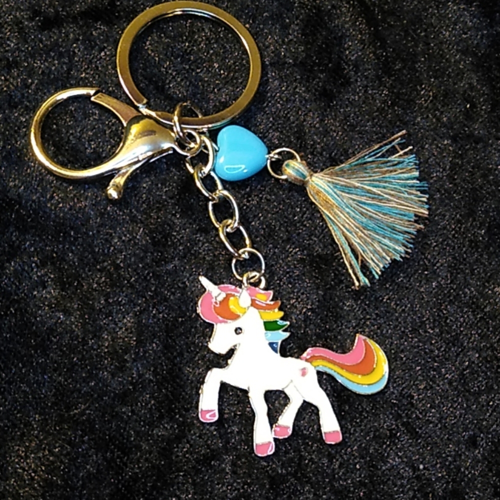 Keychain Unicorn Heart Tassel Blue Silver Rainbow